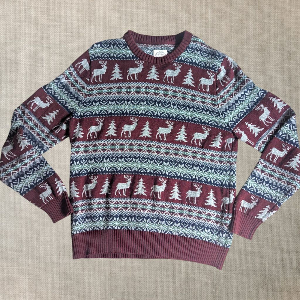St. John’s Bay Fair Isle Reindeer Sweater- L - Cozy Winter Nordic Cotton